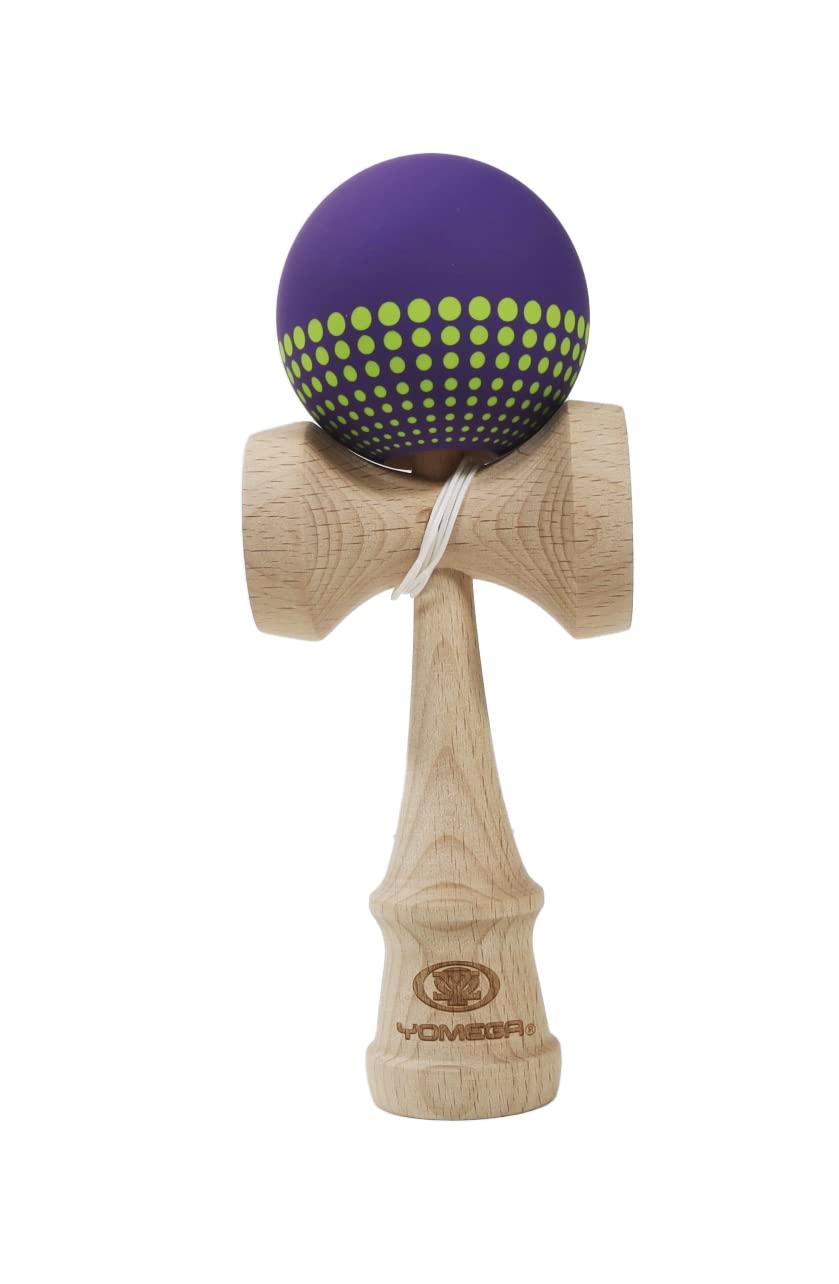 Yomega Pro Kendama with purple rubberized paint aids easier ball catches during practice.