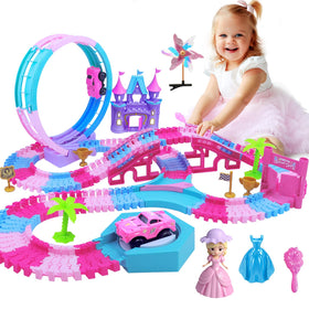 Yomwet 178-piece track set with pink castle promotes creative play and sensory exploration.