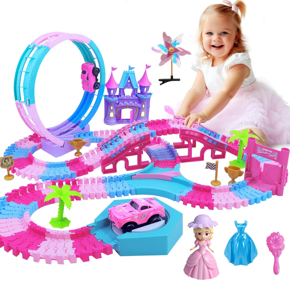 Yomwet 178-piece track set with pink castle promotes creative play and sensory exploration.