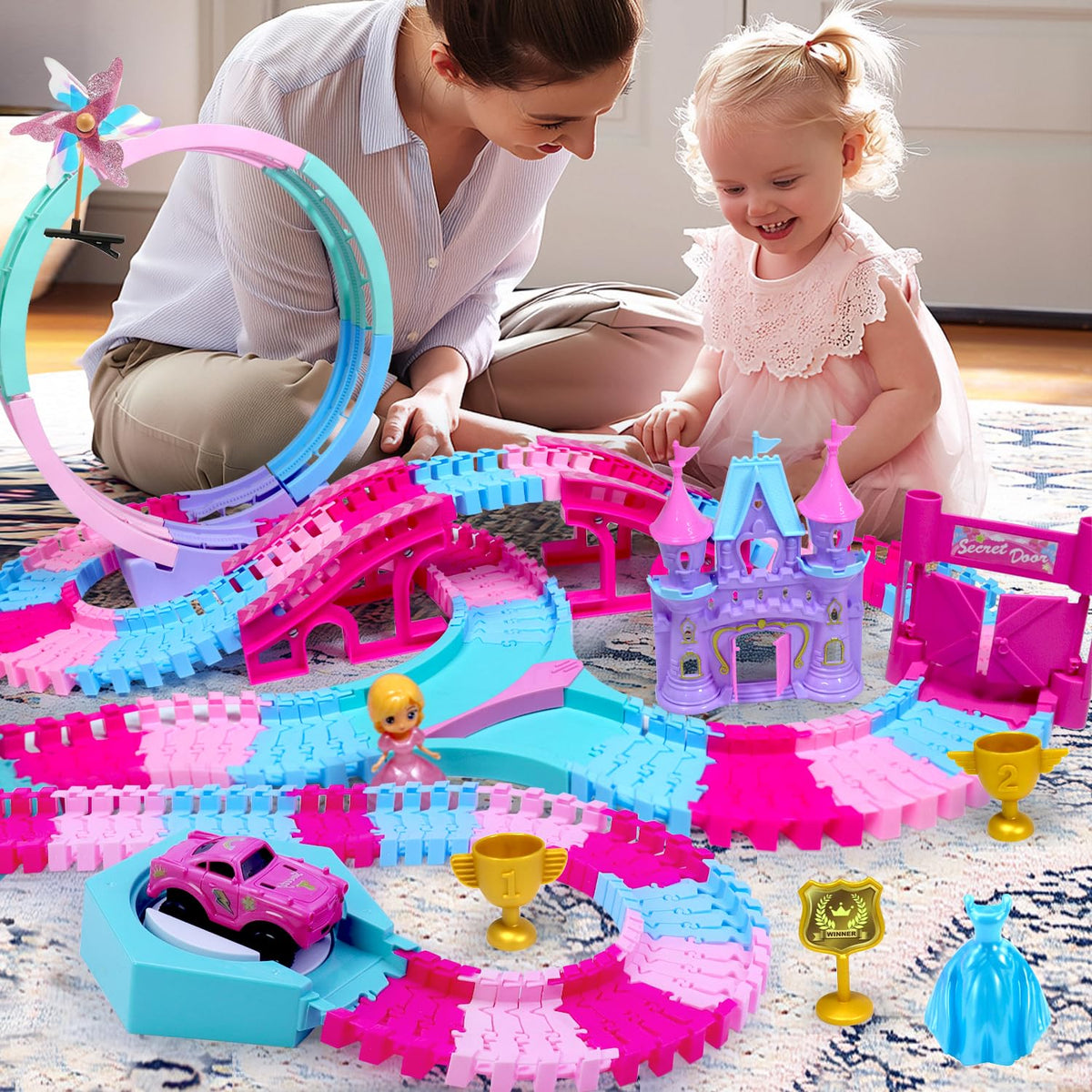 Yomwet pink race tracks feature a two-layer design for imaginative building.