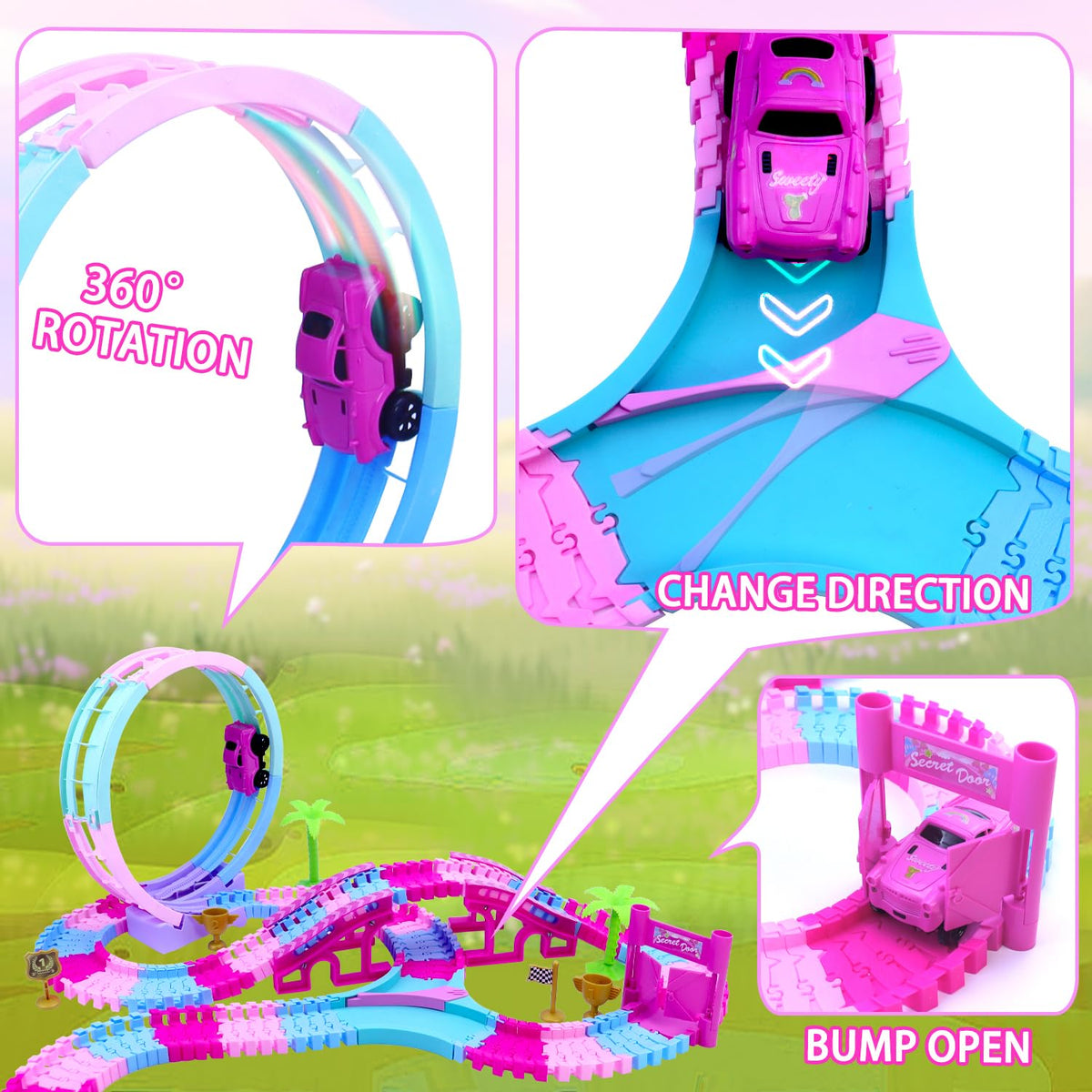 Yomwet pink tracks with lights and sound offer engaging sensory effects.