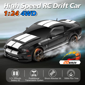 YONCHER RC drift car front view highlights licensed Mustang details for realistic racing visuals.