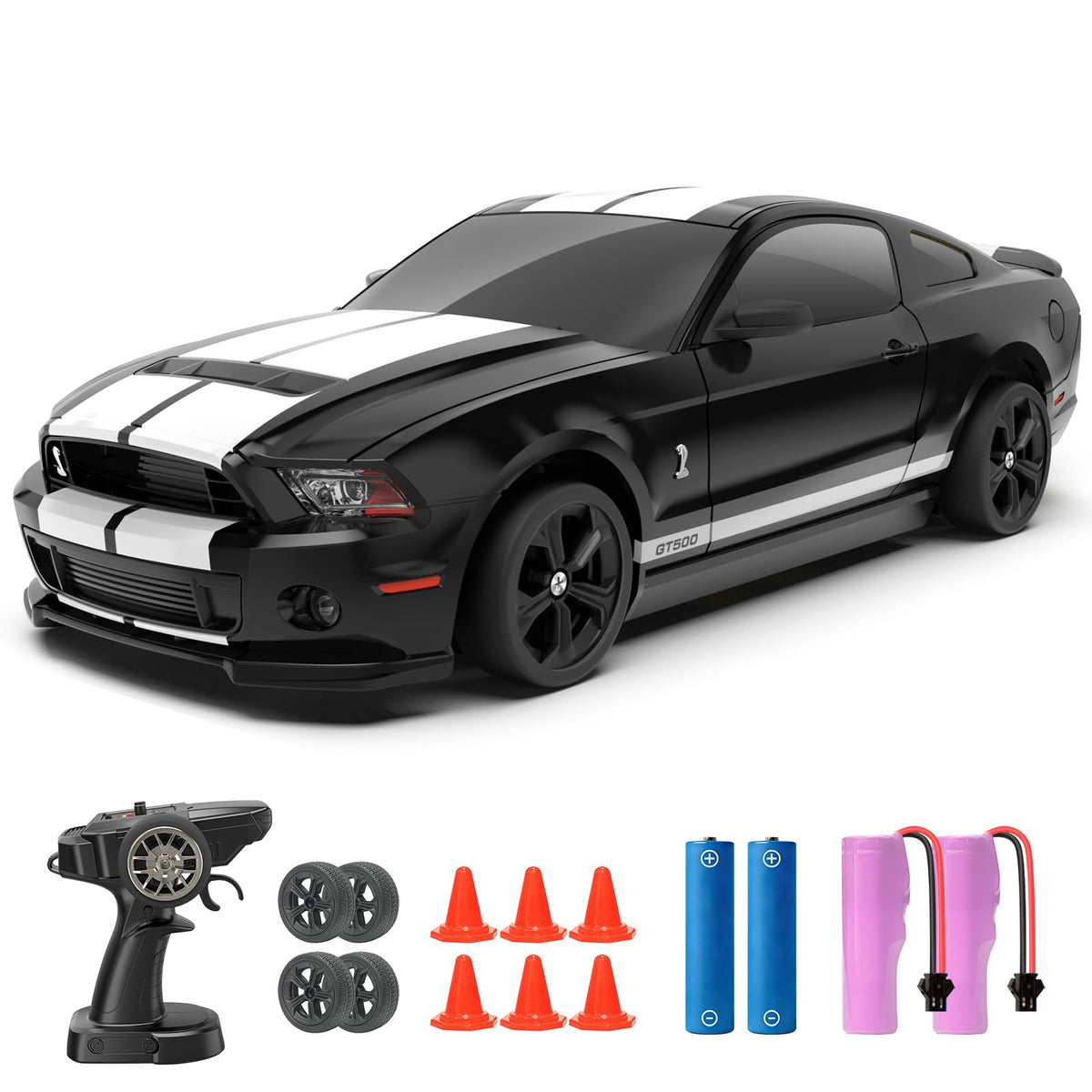 YONCHER RC drift car side view with authentic Ford Mustang details for display and drift practice.