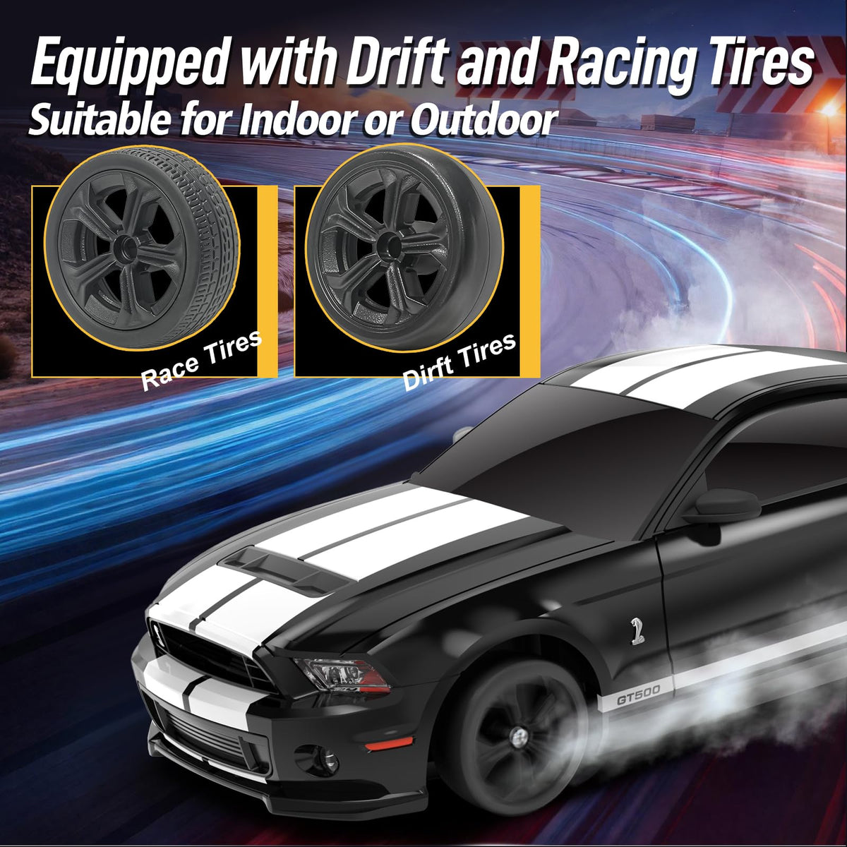 YONCHER RC drift car under-body lights enhance night drift visibility.