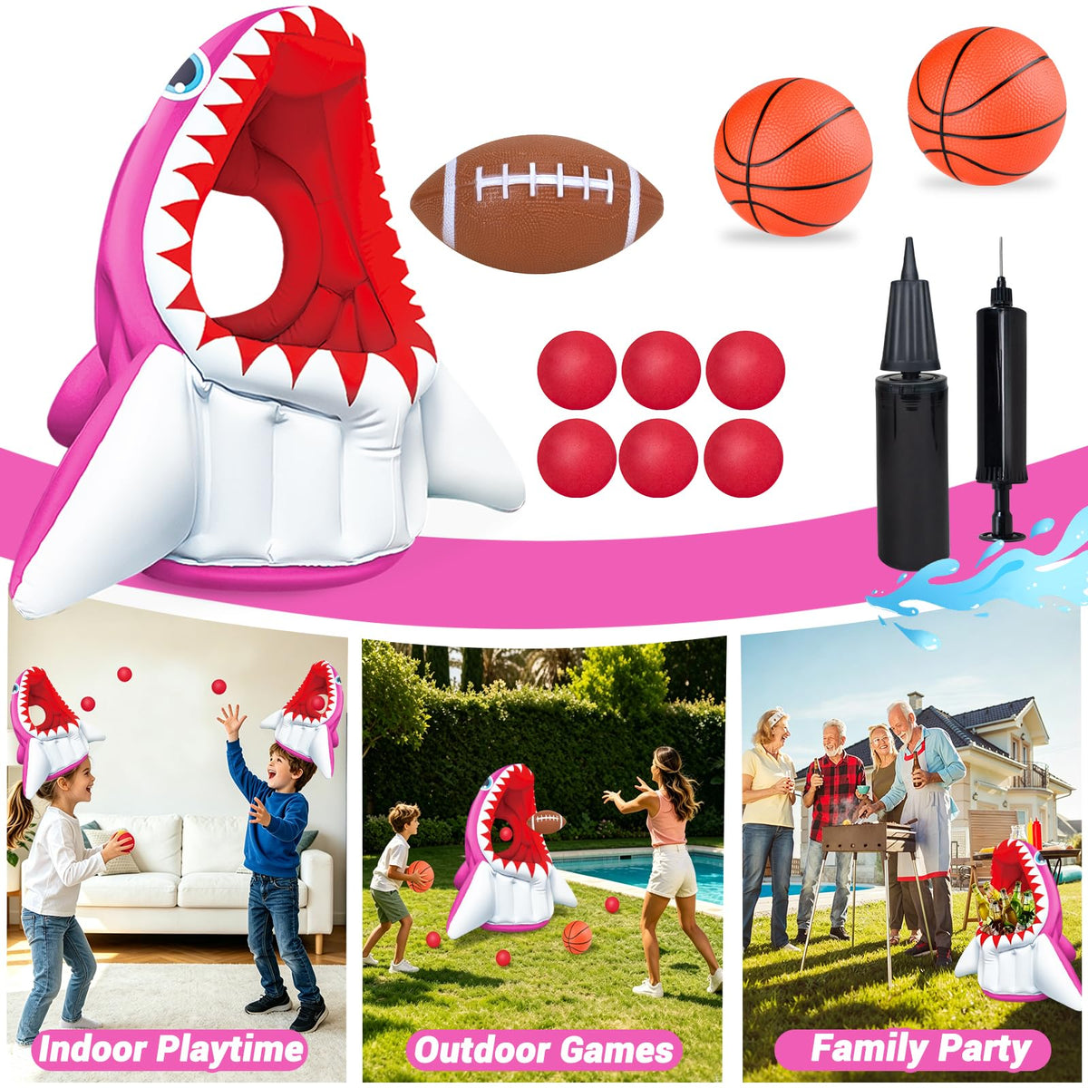 YongnKids shark pool toy with basketball hoop for active water play.