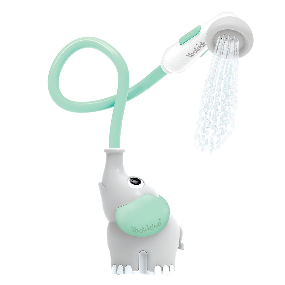 Yookidoo elephant bath shower head with trunk spout for gentle newborn rinsing.