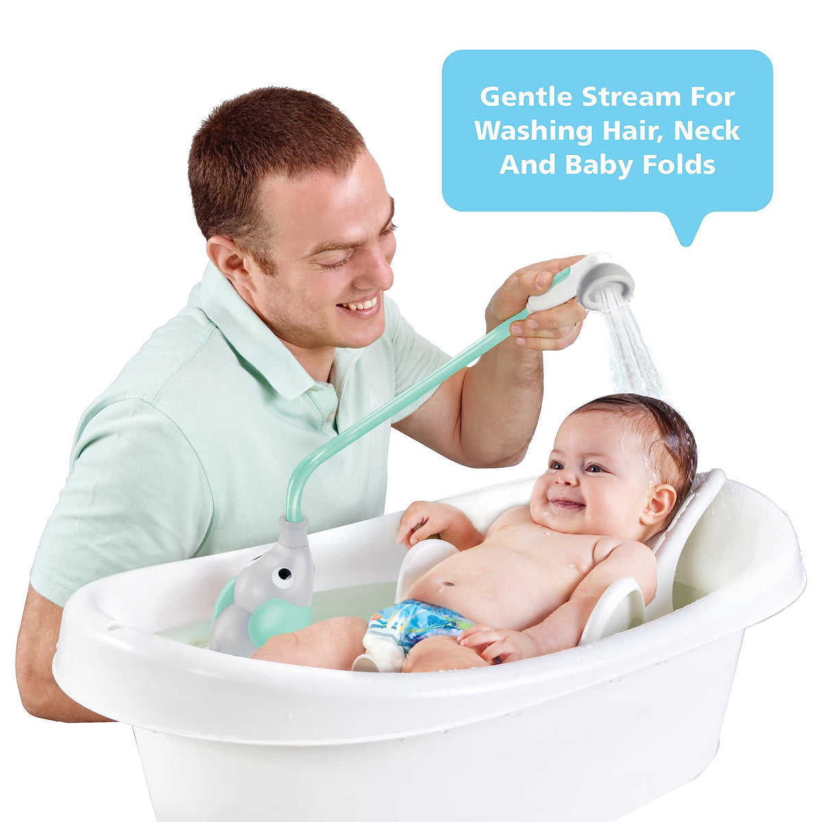 Yookidoo elephant two-knob flow control for easy bath-time adjustments.