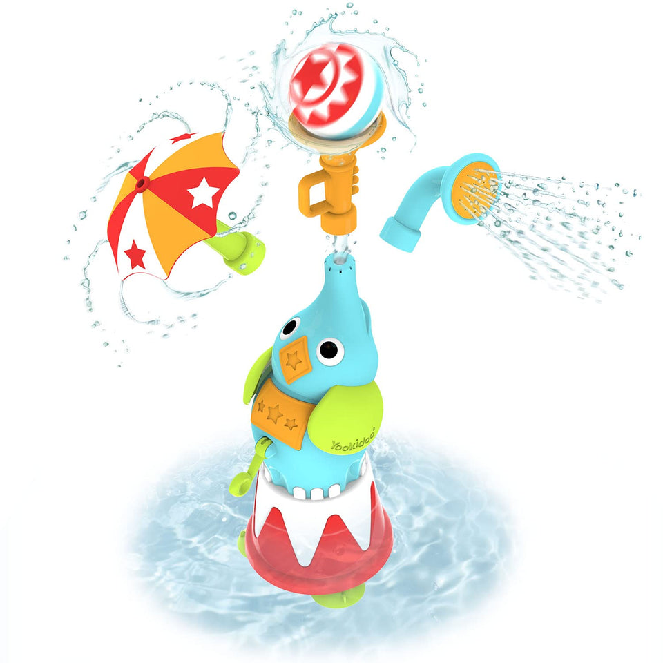Yookidoo Elephant Sprayer attached to tub bottom with suction cups for secure play