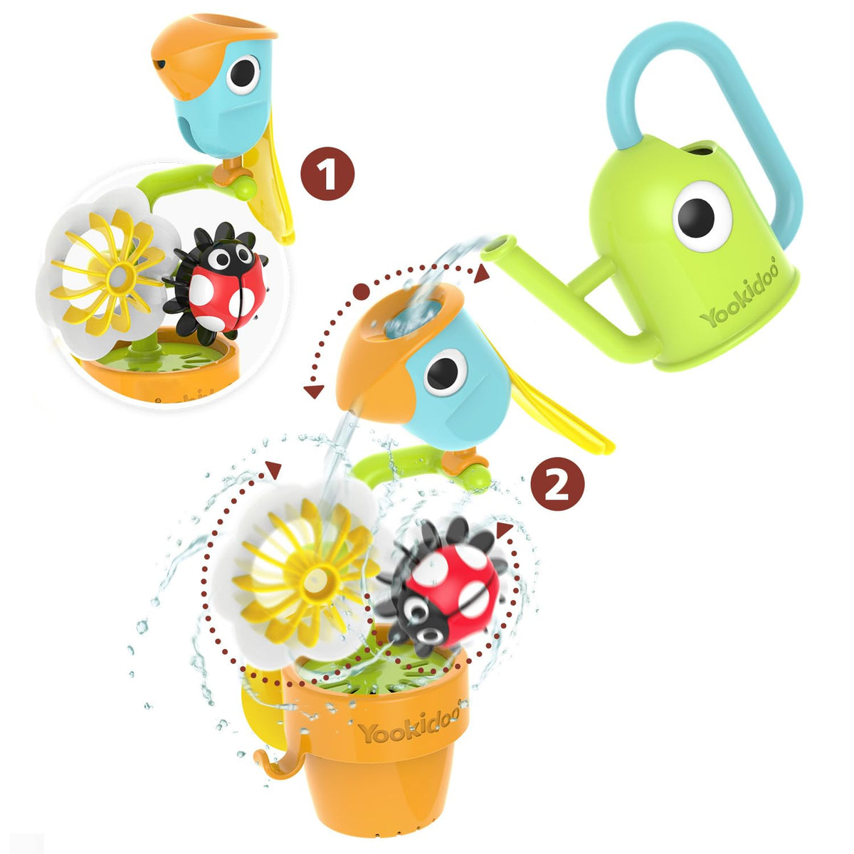 Yookidoo flower spins as water flows for visual bath-time excitement