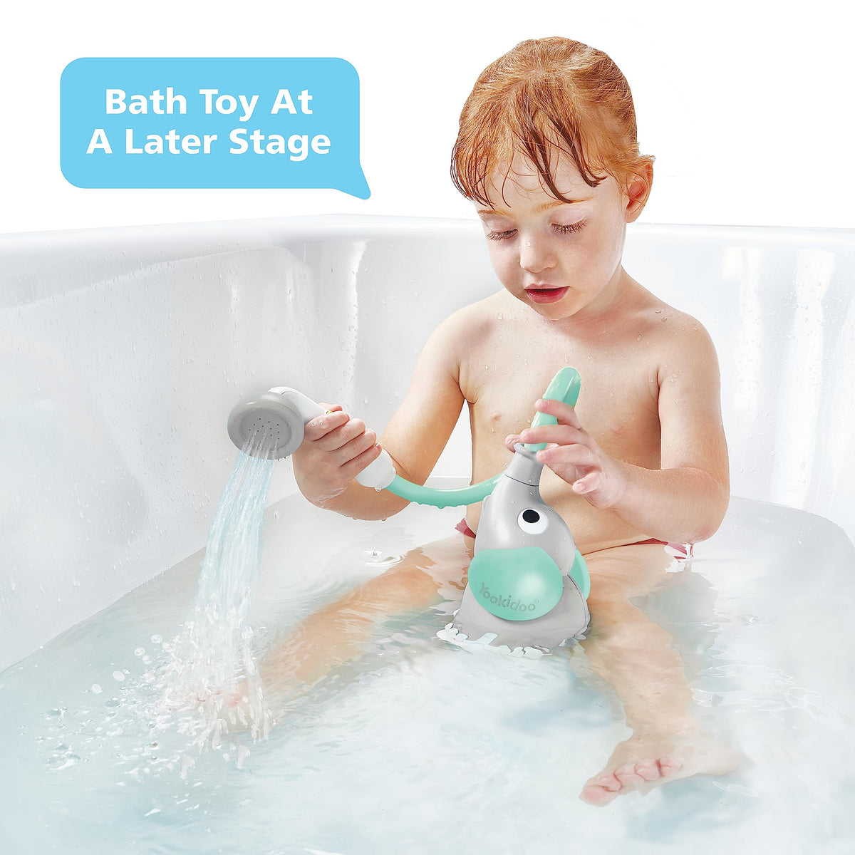 Yookidoo portable, battery-operated shower for on-the-go bath time.