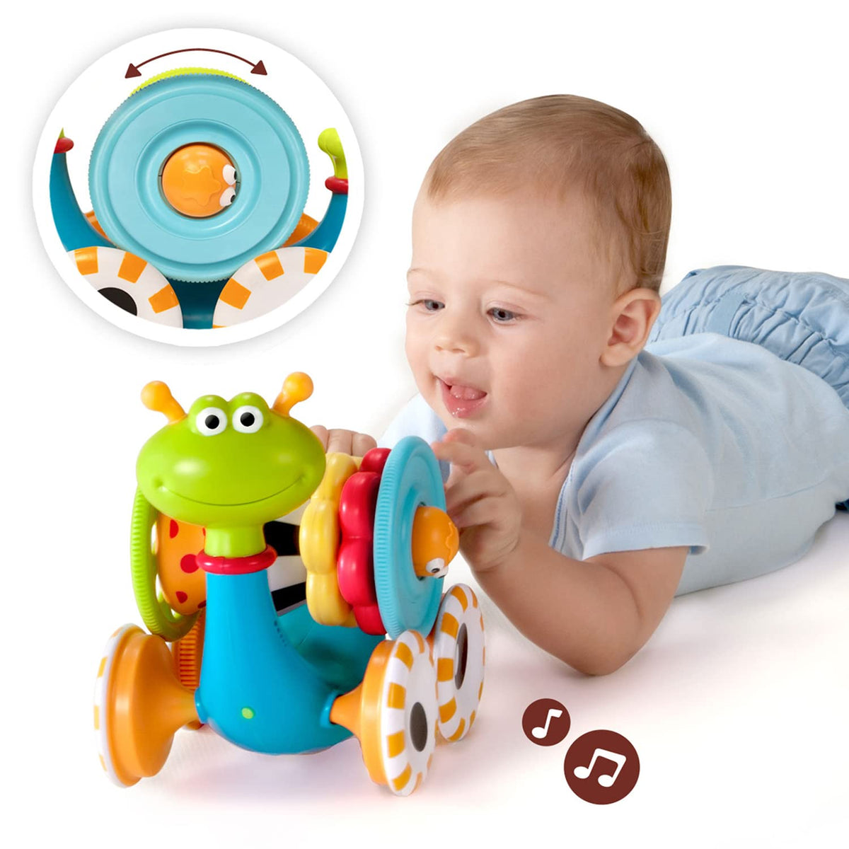 Yookidoo snail rolls about 6.5 feet, inviting baby chase.