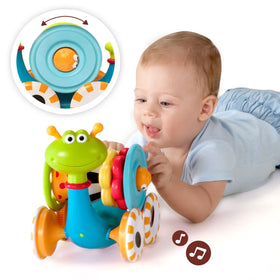 Yookidoo snail rolls about 6.5 feet, inviting baby chase.