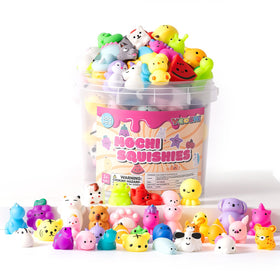 Yooshi Mochi Squishies stored in a large bucket for organized play