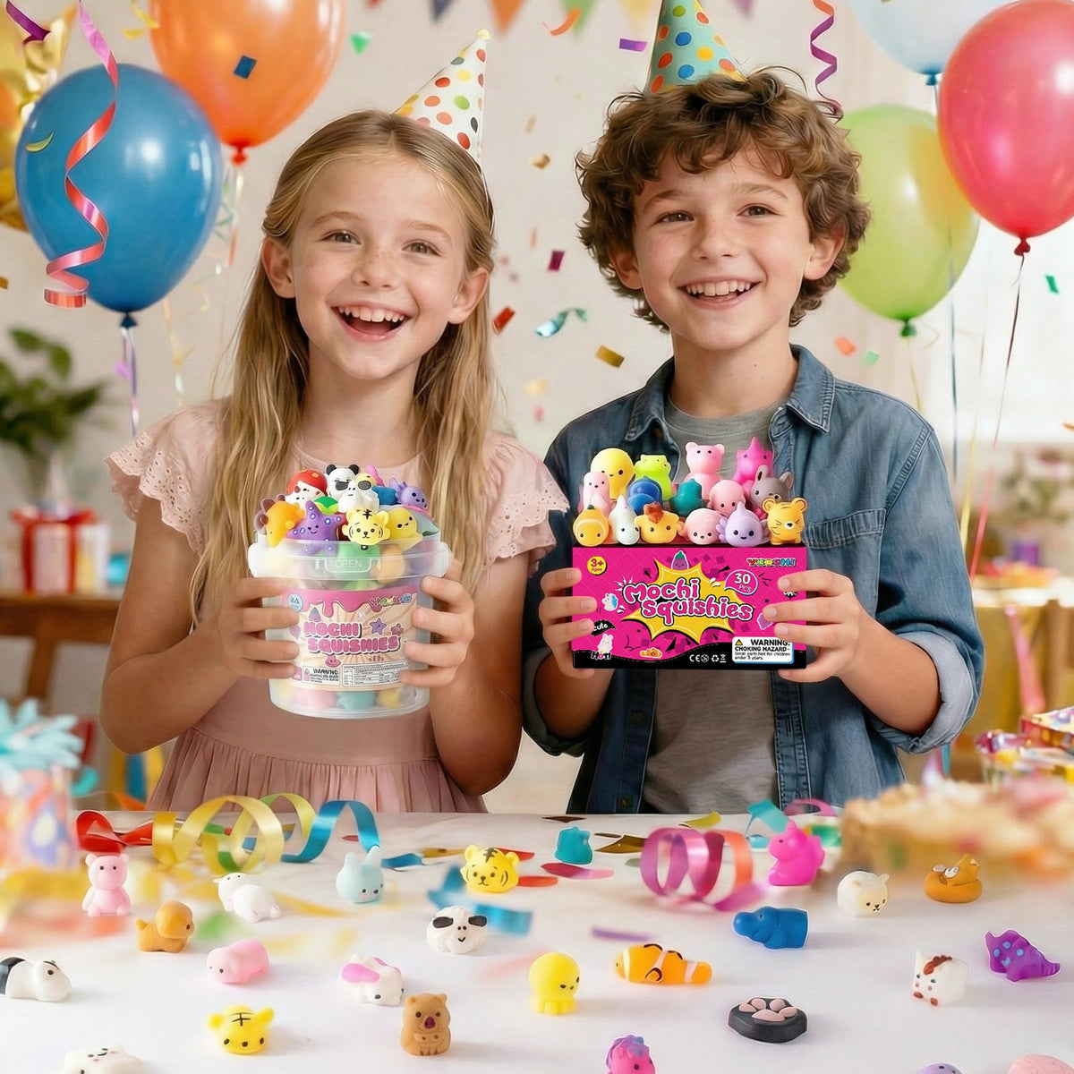 Yooshi party favors setup with assorted squishies for guests