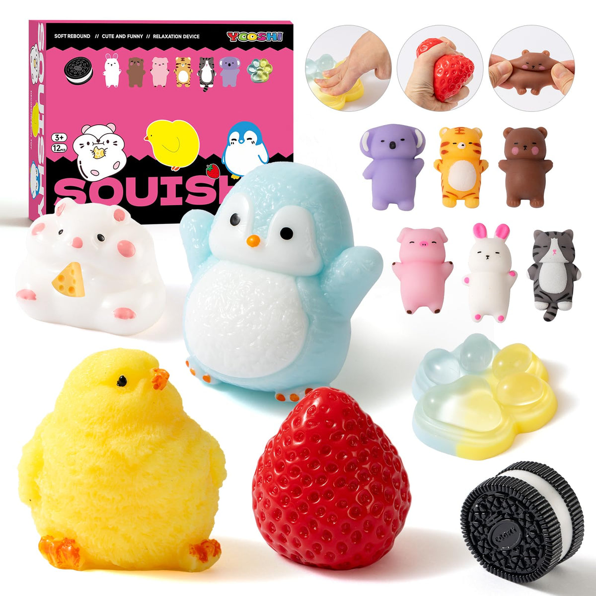 Yooshi Taba strawberry squishy promotes stress relief and tactile play.