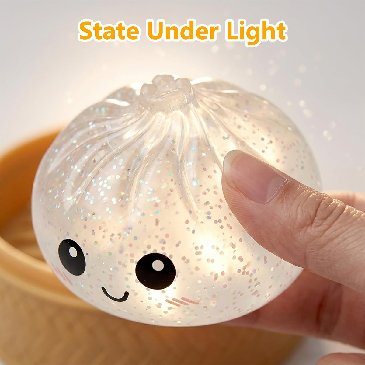 Closeup of Yooyee glitter dumpling squishies showing sparkly interior