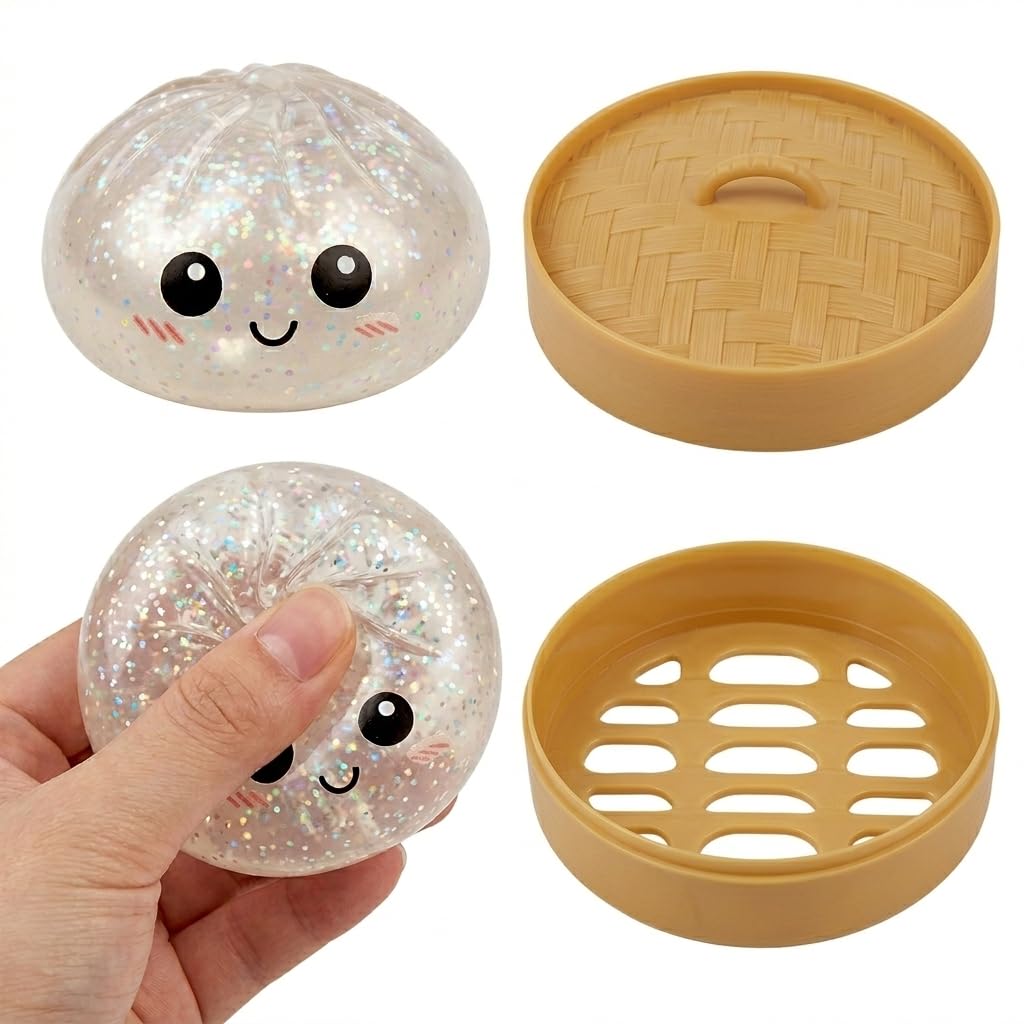Yooyee glitter dumpling squishies in a steamer basket 2 pack for desk decor and stress relief