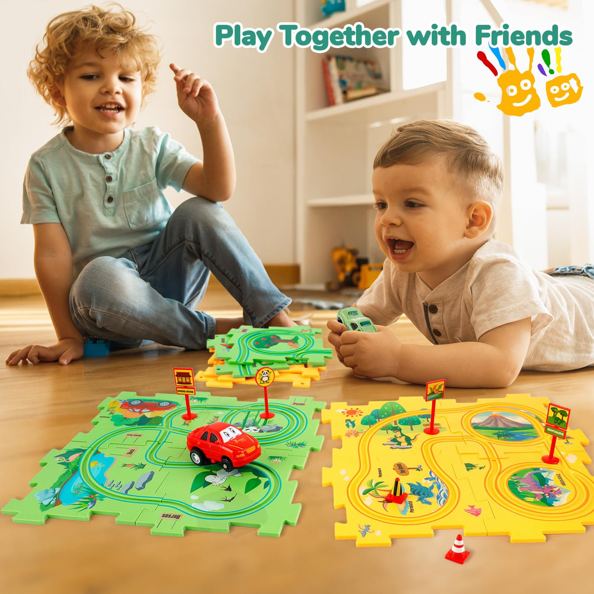 YOOYID dinosaur puzzles interlock with the track for creative storytelling and sequencing