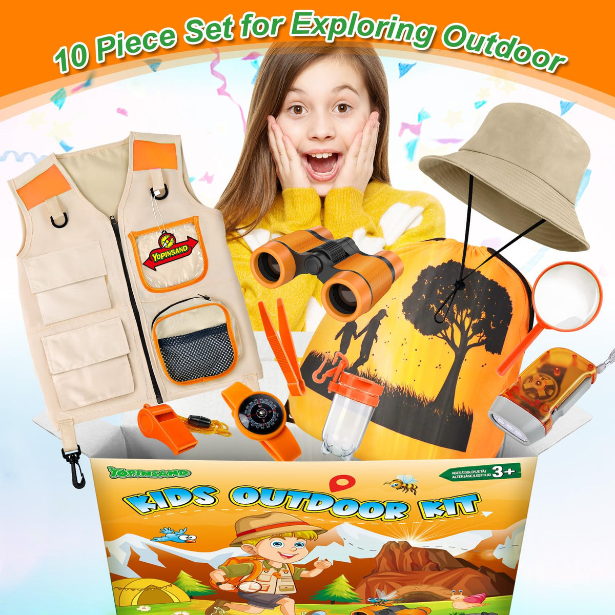 YOPINSAND Kids Explorer Kit magnifying glass enables close-up nature study.