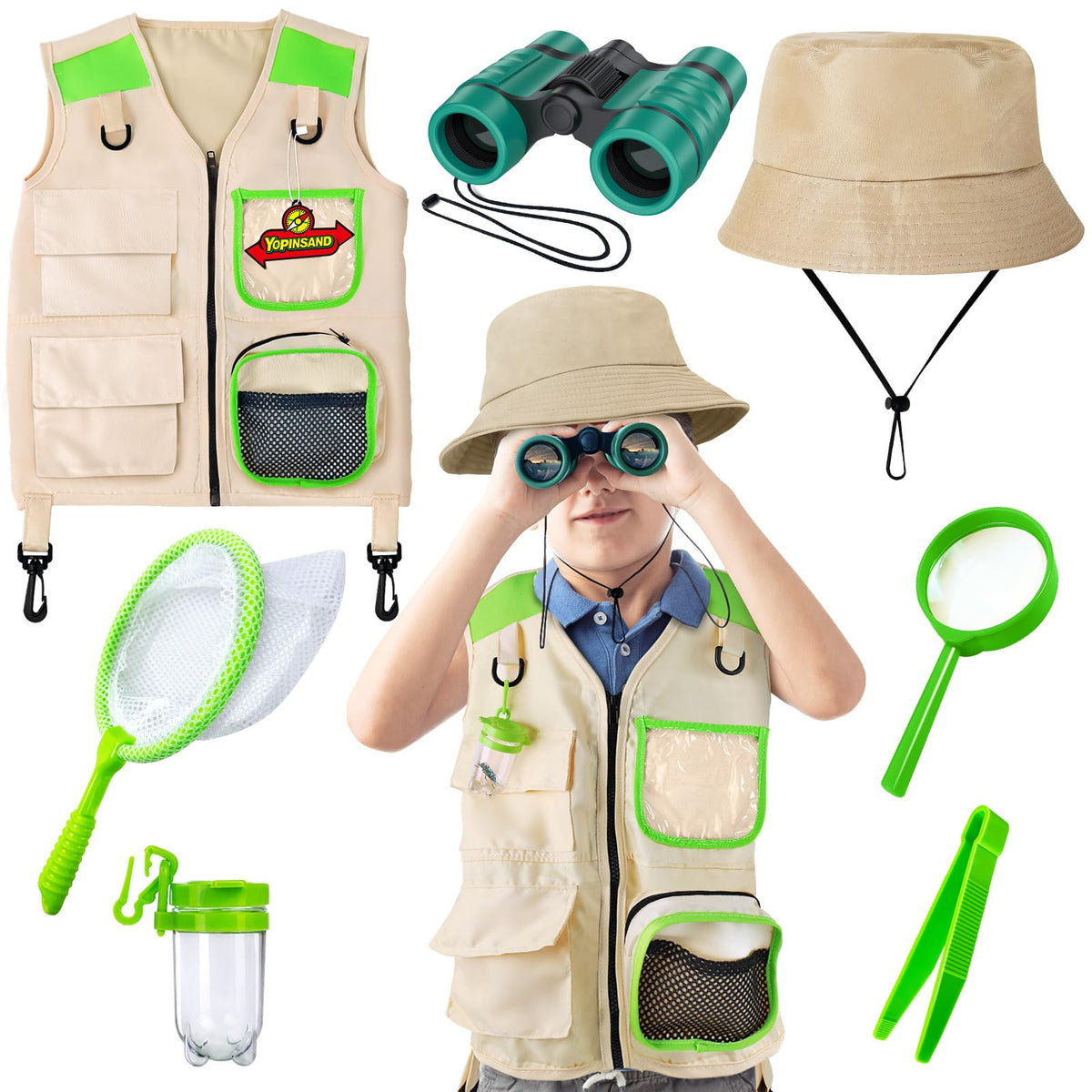 YOPINSAND Kids Explorer Kit vest demonstrates sun protection and easy outdoor readiness.