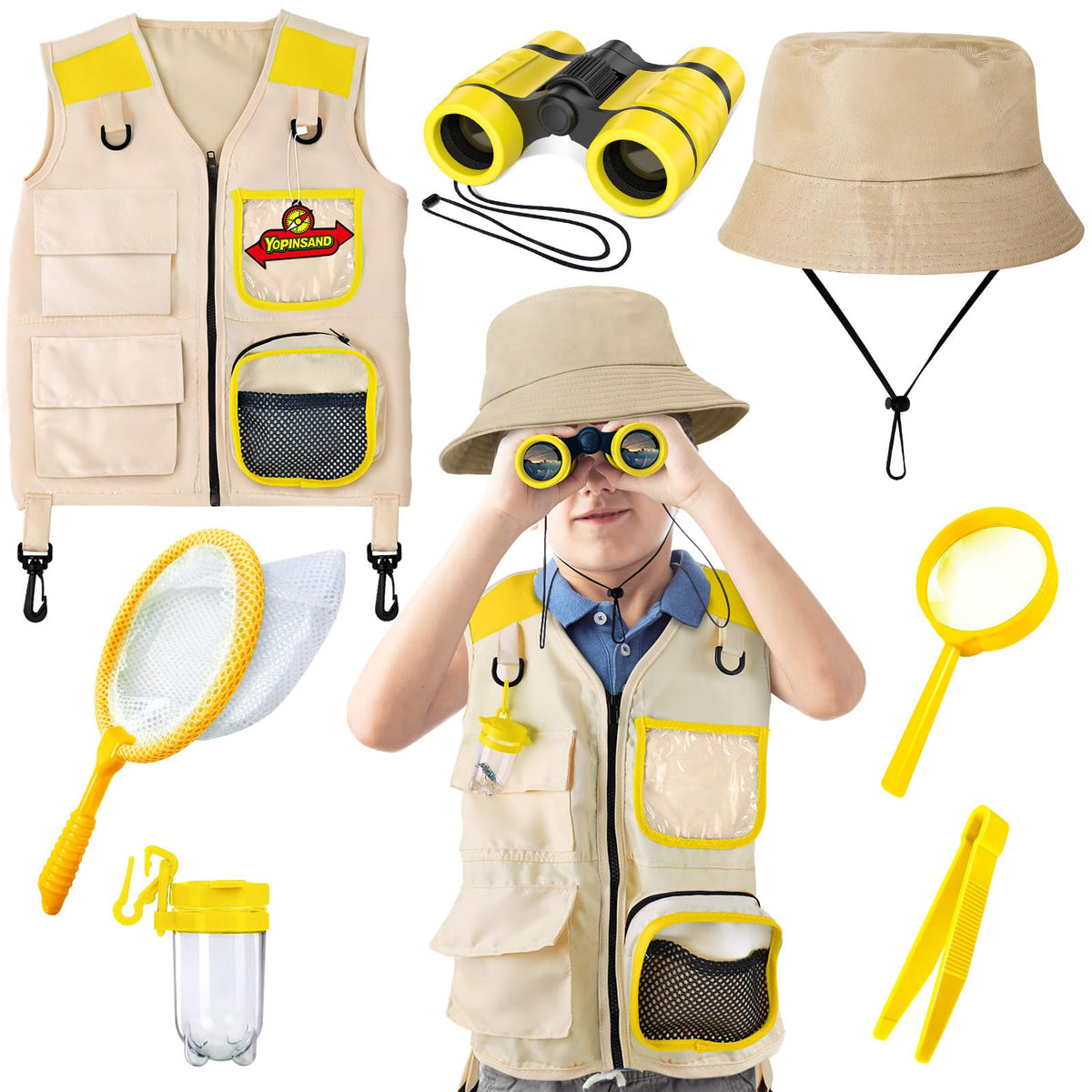 YOPINSAND Kids Explorer Vest for outdoor adventures with sun protection and handy pockets.