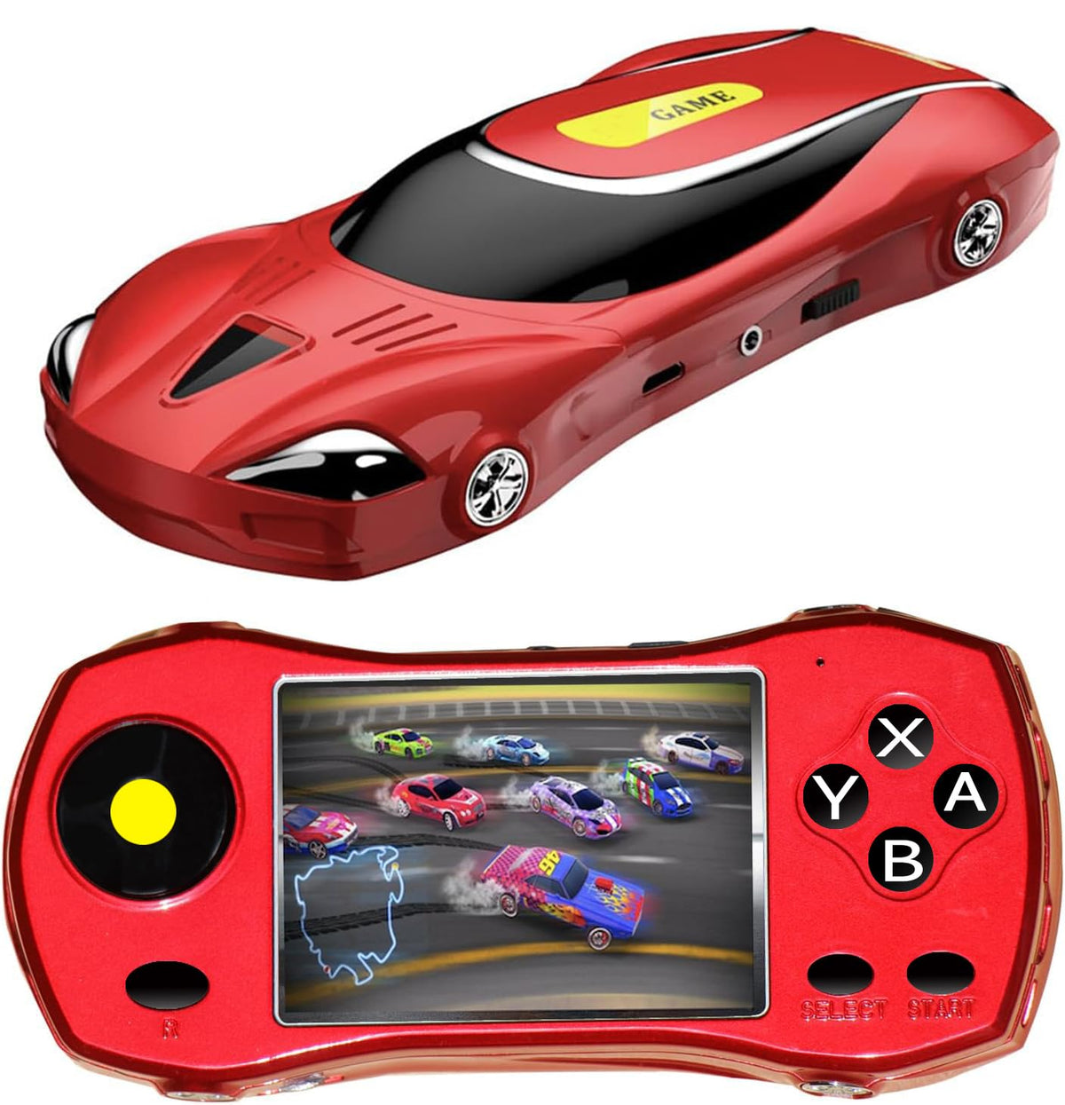 YOROSY handheld console front view highlights kid-friendly grip and vibrant gameplay.
