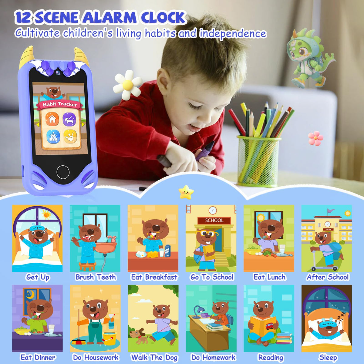 Yosfeng Kids Smart Phone highlighting 12 scene-based alarms for daily routines.
