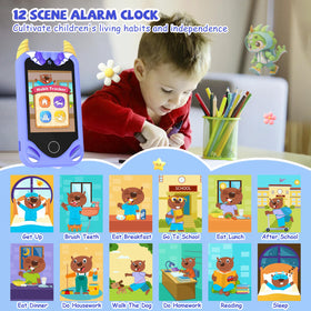 Yosfeng Kids Smart Phone highlighting 12 scene-based alarms for daily routines.