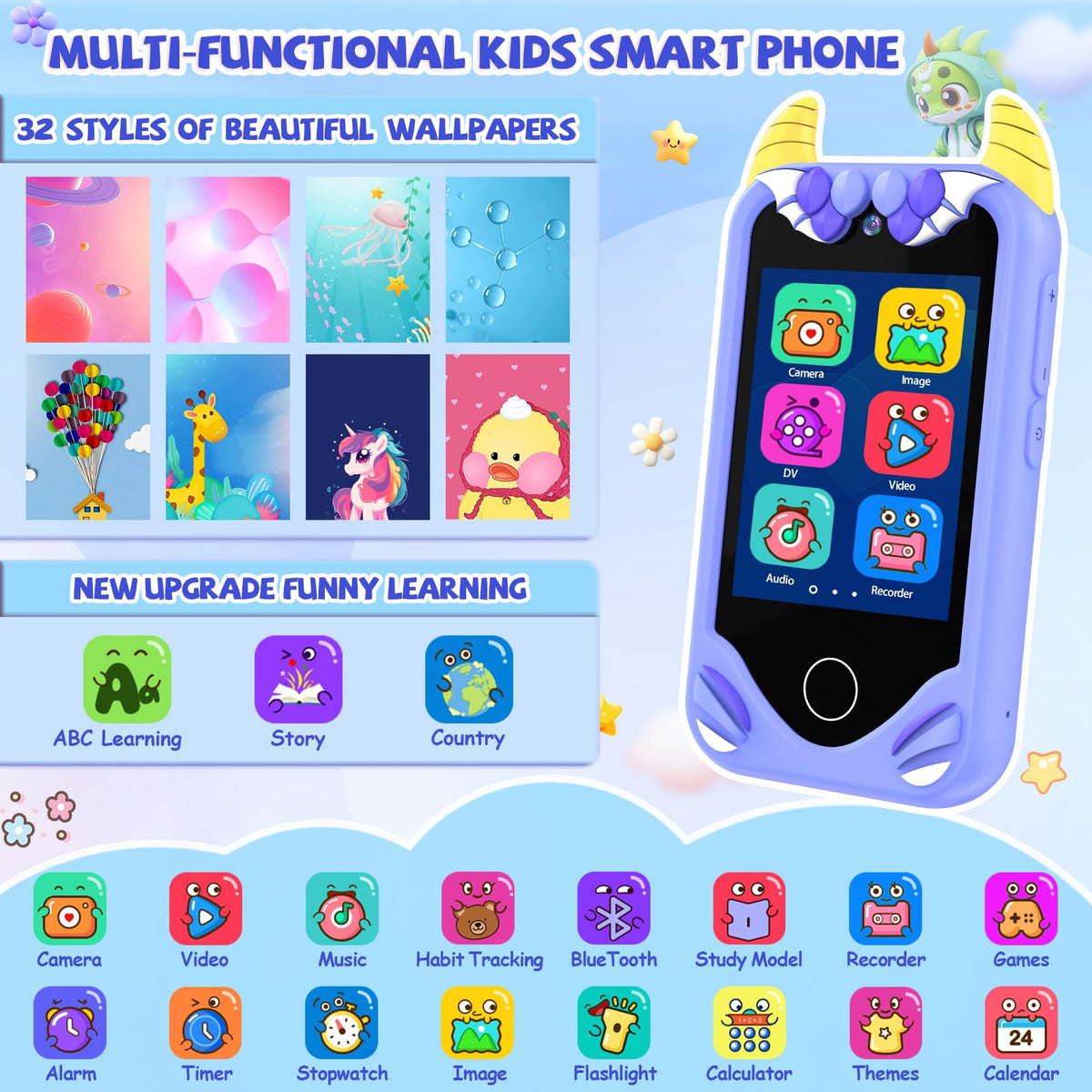 Yosfeng Kids Smart Phone displaying ABC learning content for early literacy.