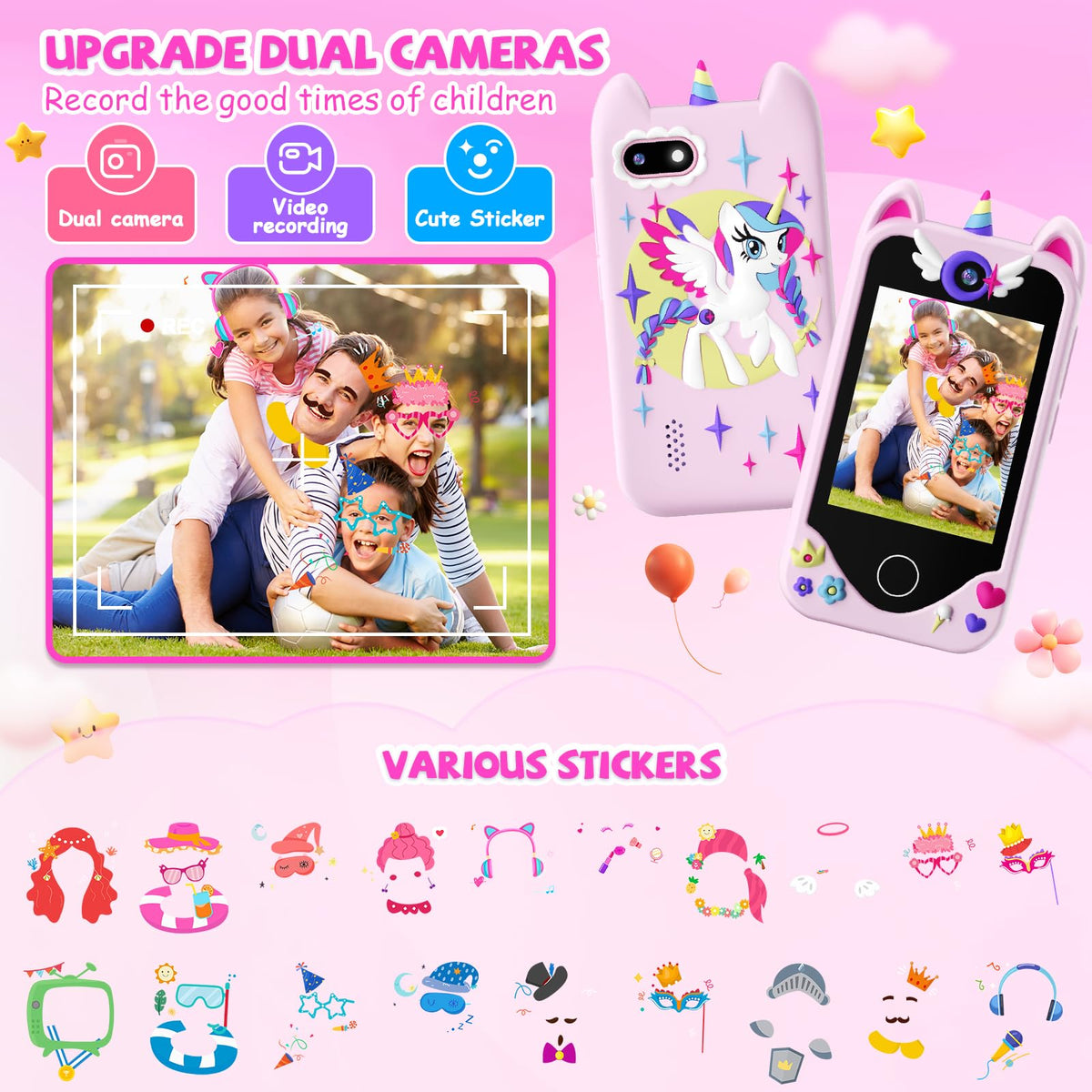 Yosfeng Kids Smart Phone learning mode supports ABC practice and landmark visuals.