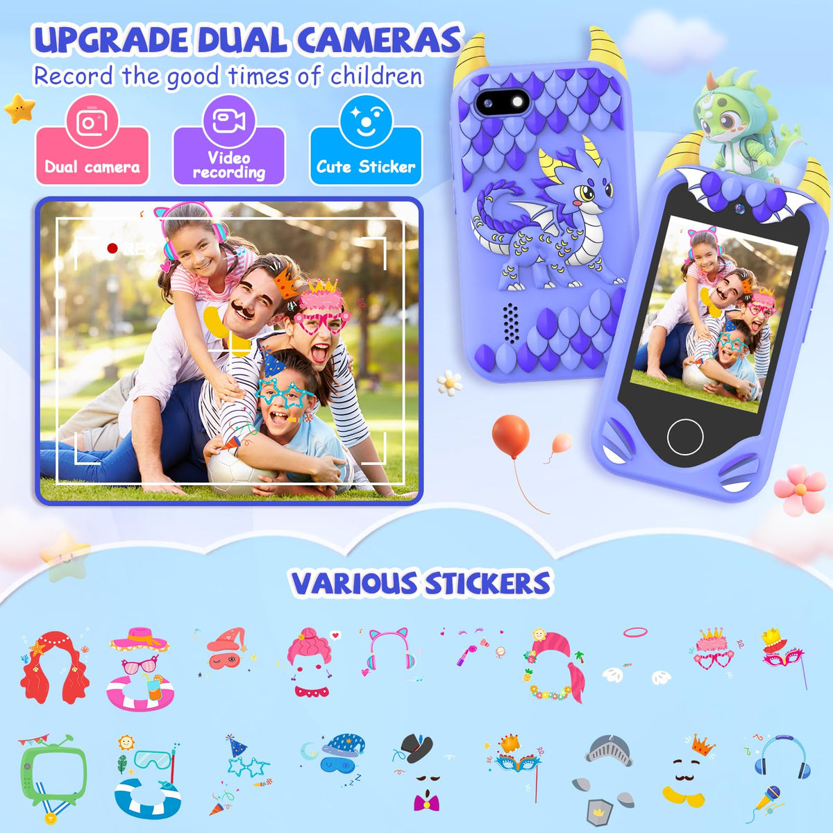 Yosfeng Kids Smart Phone showing stories and MP3 player for entertainment.