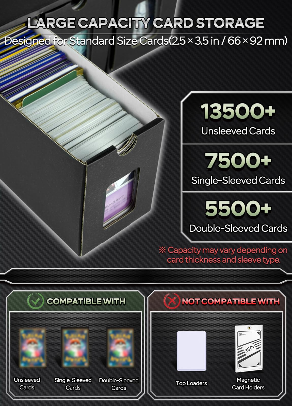 Inside view with card divider boxes keeping stacks upright and organized