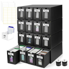 Yotakala trading card storage box front view with labeled drawers for quick access