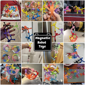 YOTNUS fridge magnet robot figures hold notes and photos.