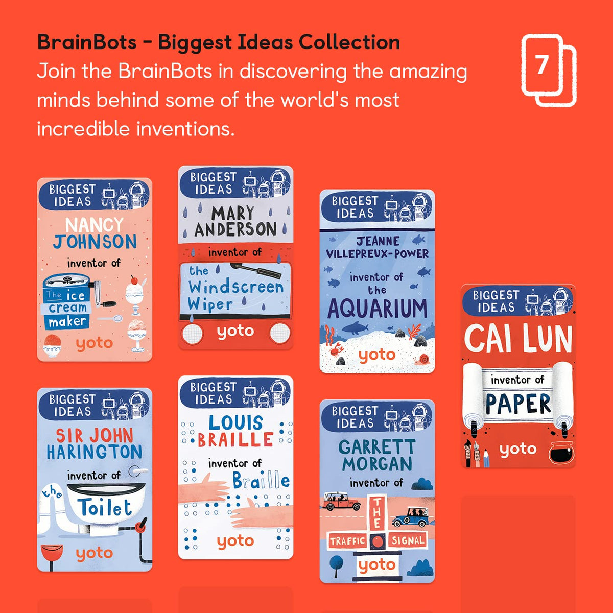 YOTO BrainBots Biggest Ideas card back showing bios and key ideas for learning.
