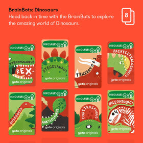 Yoto BrainBots dinosaurs card showing Triceratops for educational storytelling on car trips.