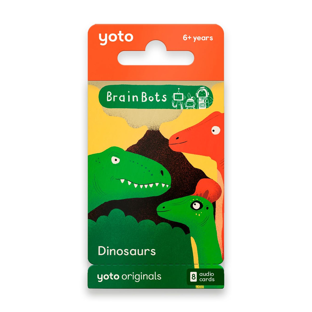 Yoto BrainBots dinosaurs card featuring Tyrannosaurus illustration for screen-free imagination.