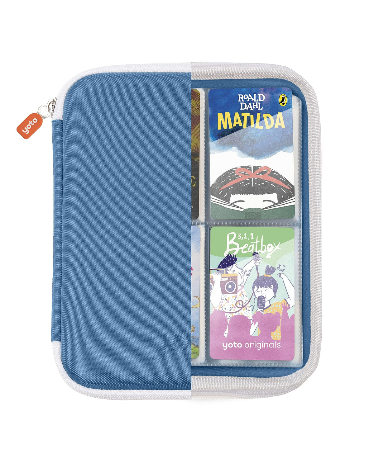 Yoto Card Case Blue Bird open, handy sleeve access at a child-friendly zipper