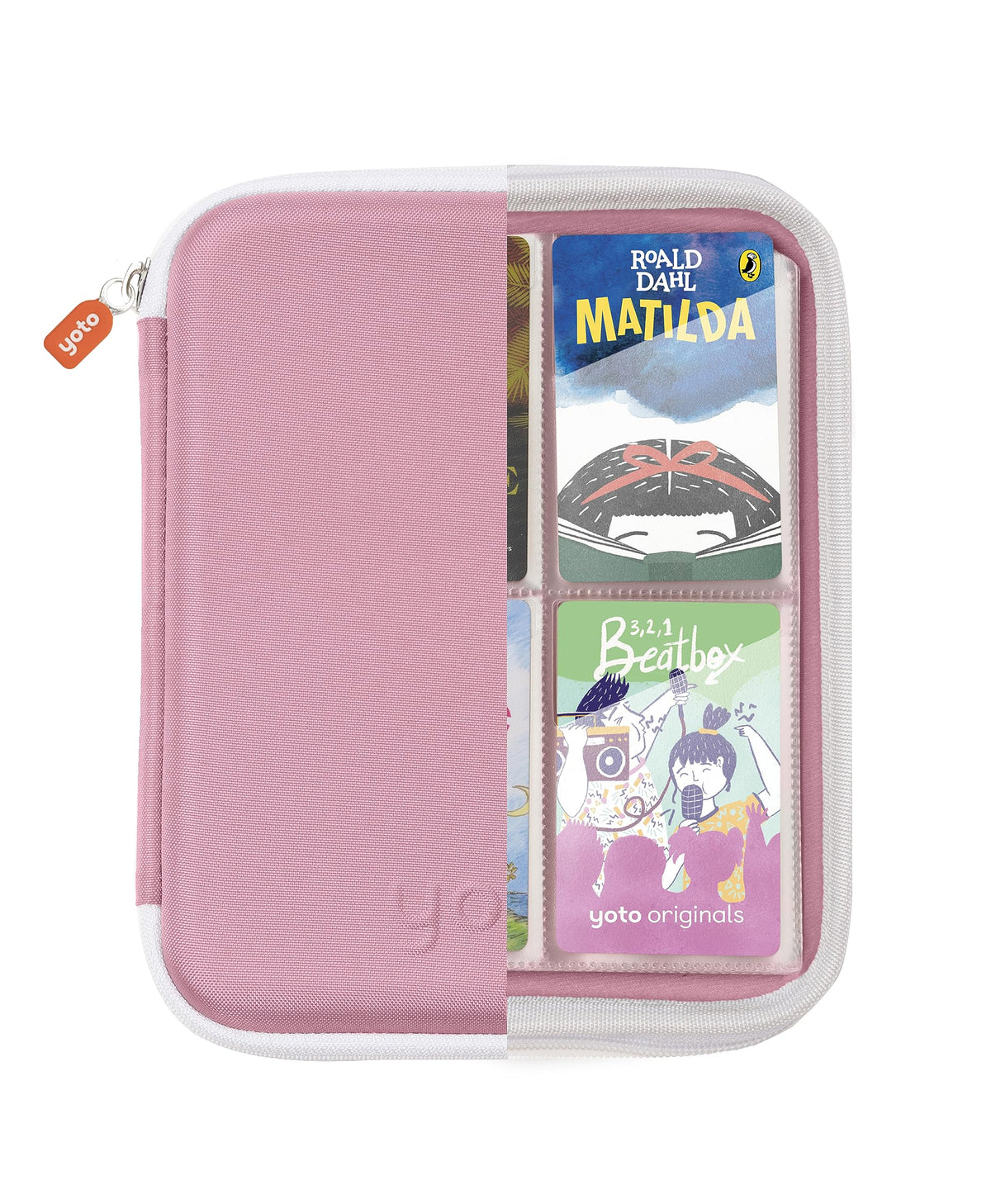 YOTO Card Case Think Pink, open with cards visible, ideal for quick access