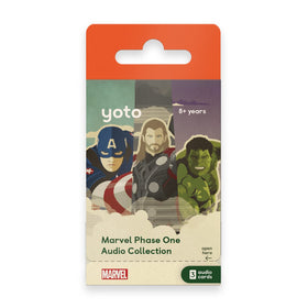 YOTO Disney Marvel Phase 1 collection card pack hero image showing three audio cards for screen-free storytelling