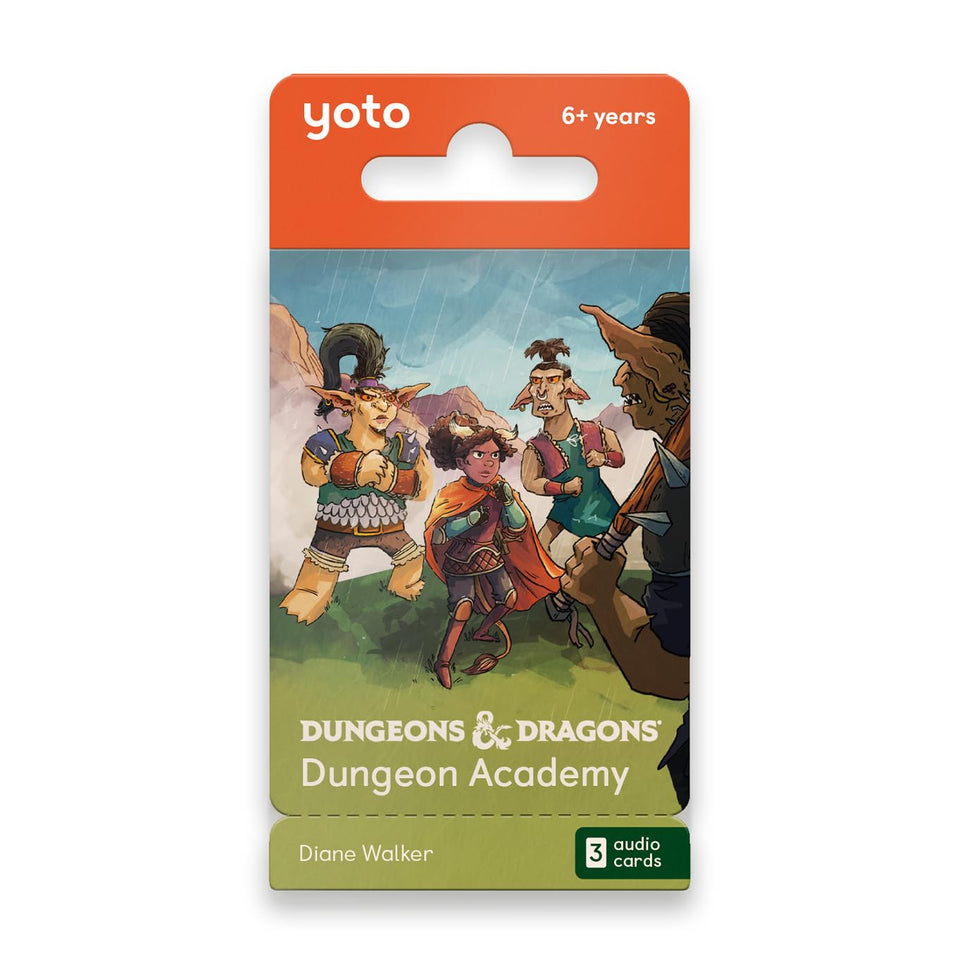 Yoto Dungeon Academy card pack cover promotes screen-free storytelling adventures.