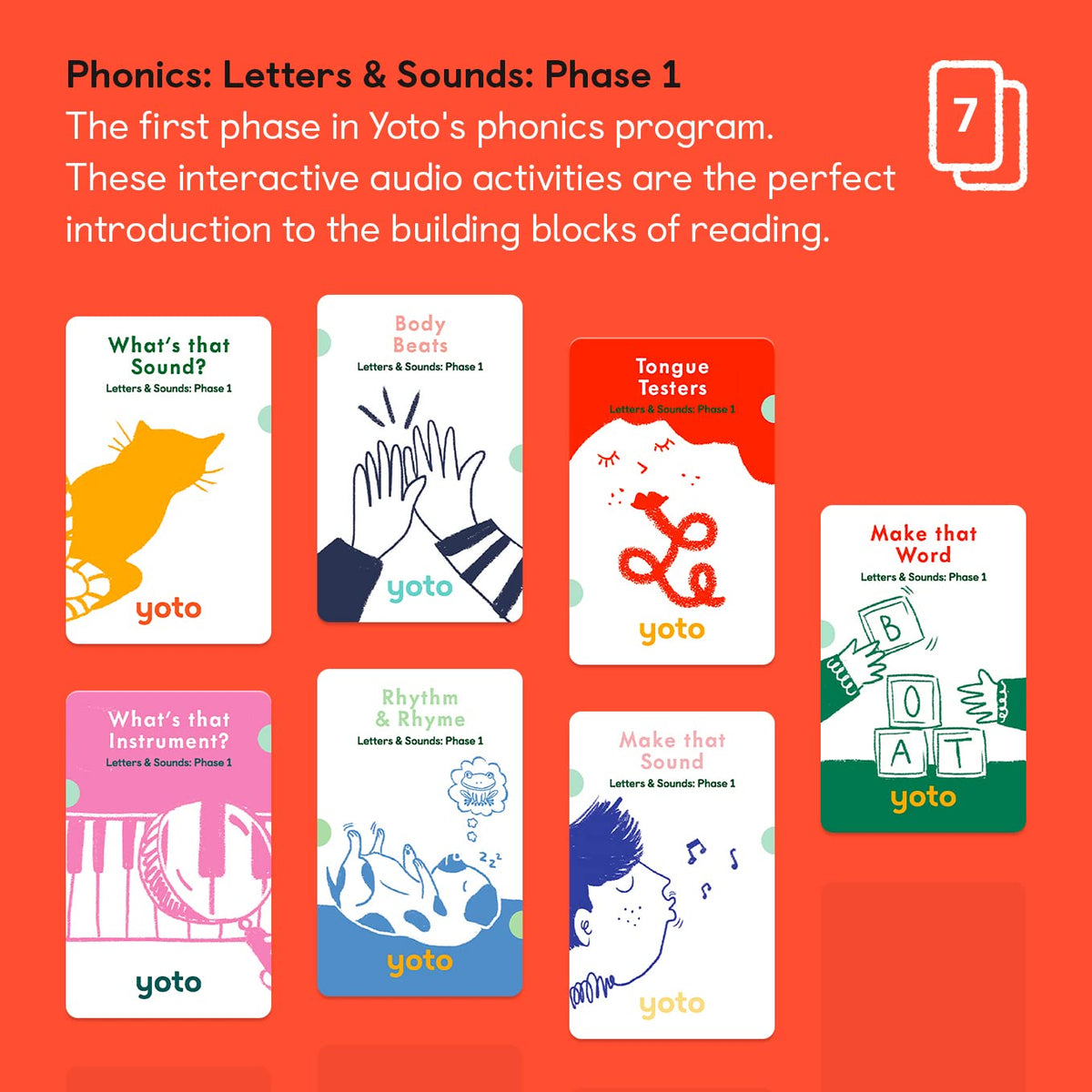 Yoto Phonics Whats That Instrument card for recognizing everyday sounds with kids.