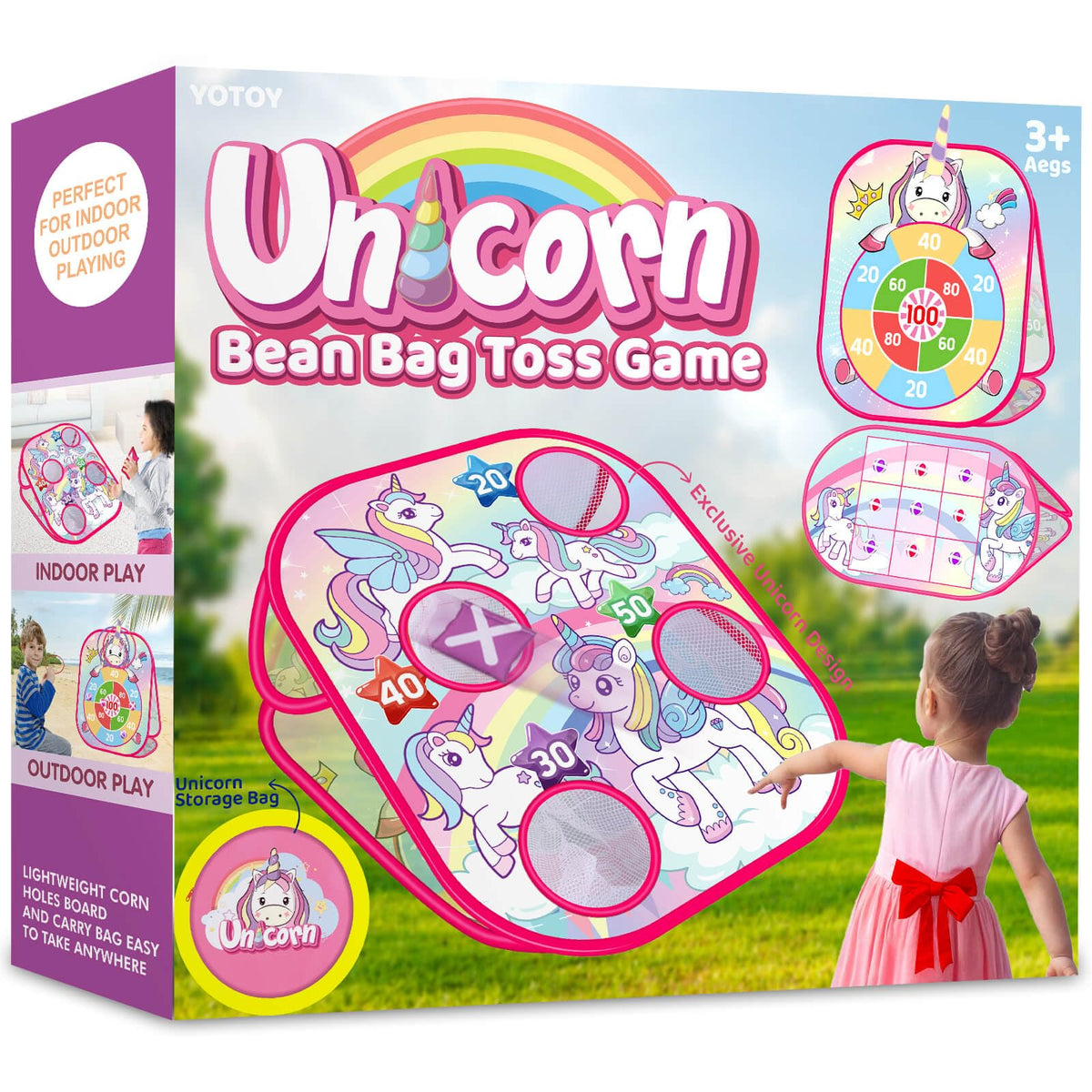 YOTOY unicorn bean bag toss set promotes active outdoor play with imaginative unicorn themes.