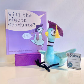 Pigeon graduation plush used as a photo prop