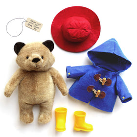 YOTTOY Paddington Bear red hat and blue coat, removable for dress-up play.