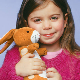 YOTTOY Velveteen Rabbit pink satin ears close-up, soft touch for little hands.