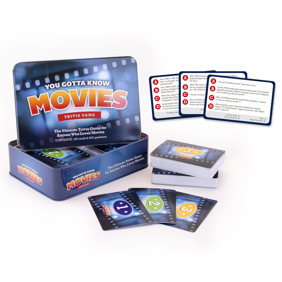 You Gotta Know Movies trivia cards offer 500 questions for lively family nights.