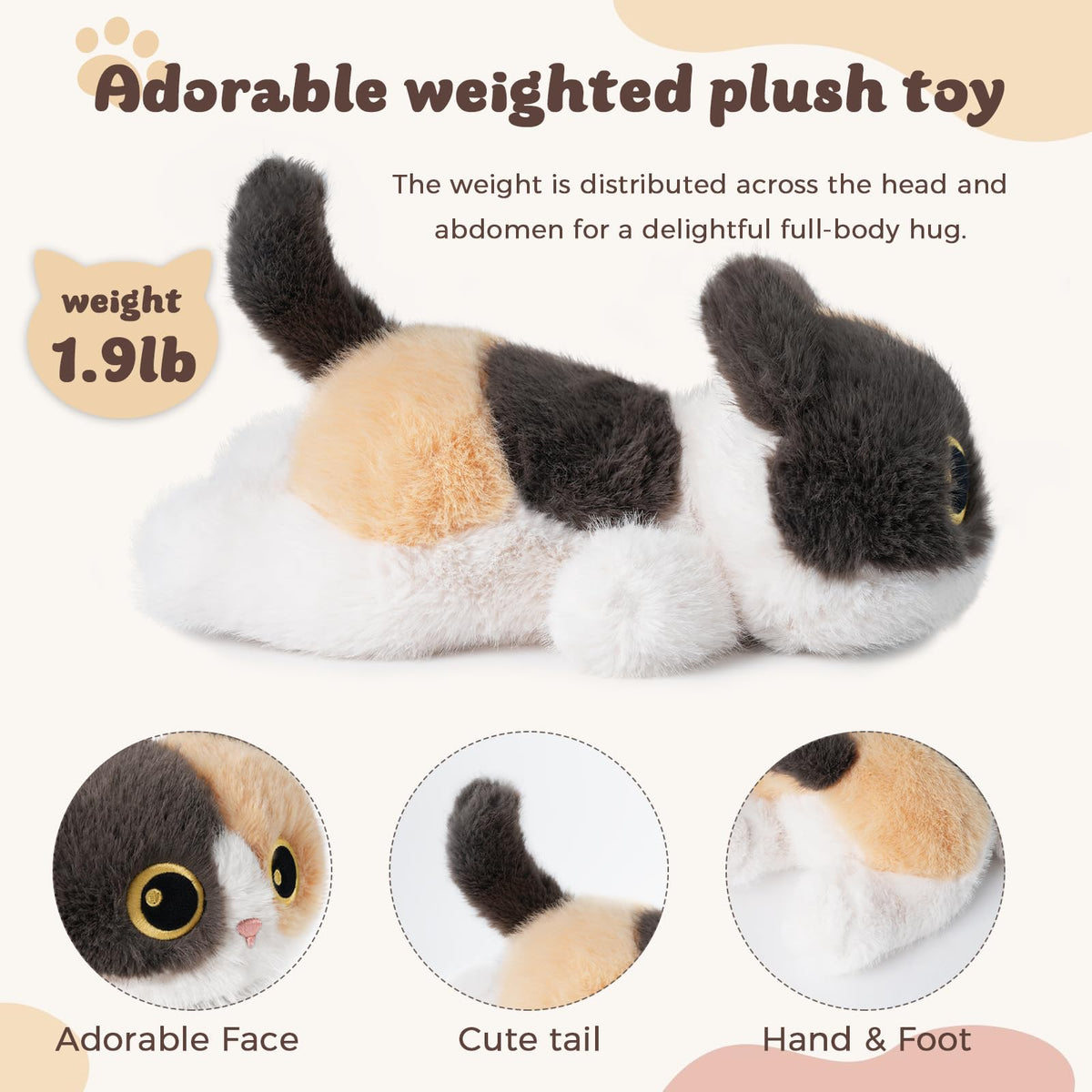 YOUBLEK Calico Cat weighted belly close-up highlighting soothing particles.