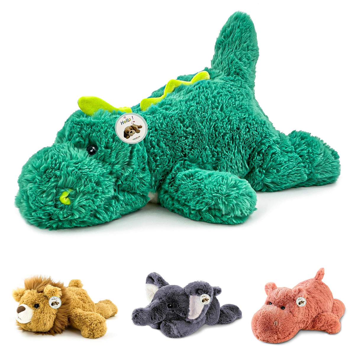 YOUBLEK green dinosaur weighted plush 16-inch for calming hugs and sensory play