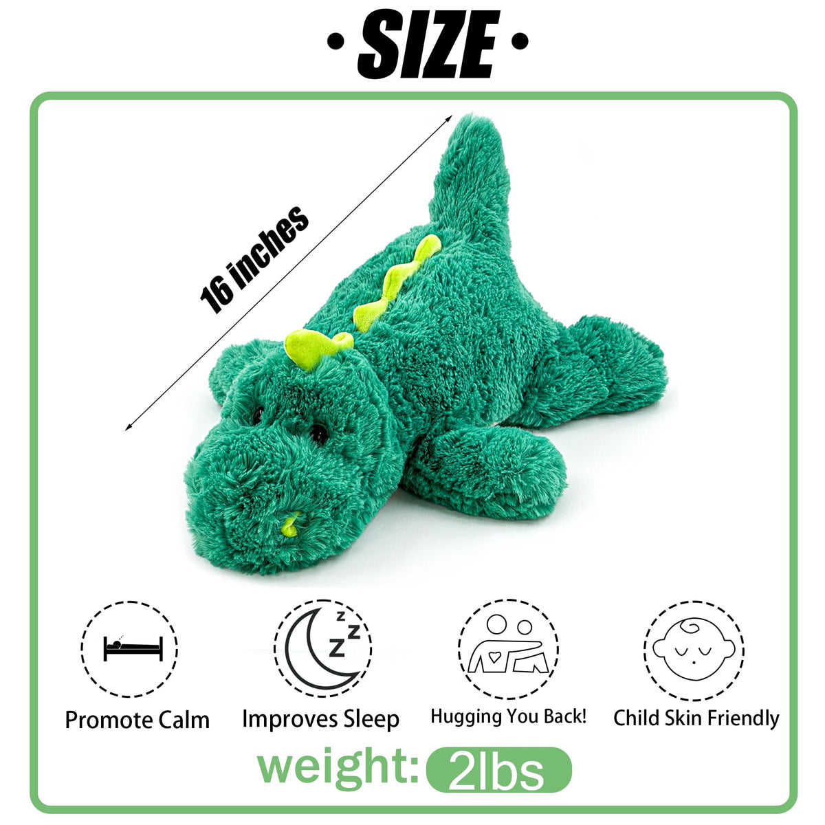 YOUBLEK green dinosaur weighted plush in hug pose for calming focus